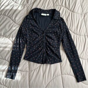 Maeve Anthropologie Black Long Sleeved Brown Polka Dotted Ruched Button Down Top